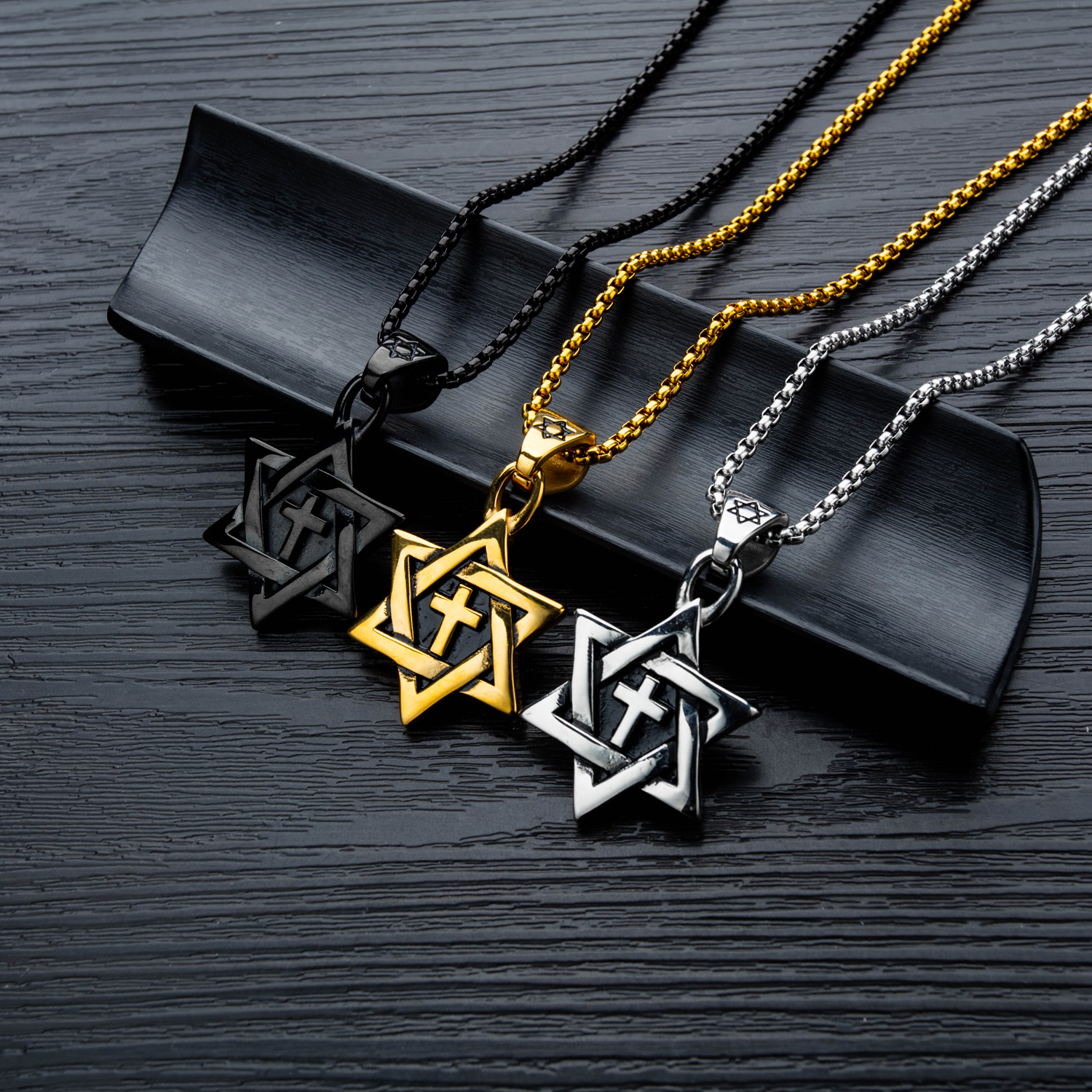 Fashion Six-pointed Star Cross Pendants Necklace Jewelry Gun Black Color Stainless Steel Necklace Men Women Gift