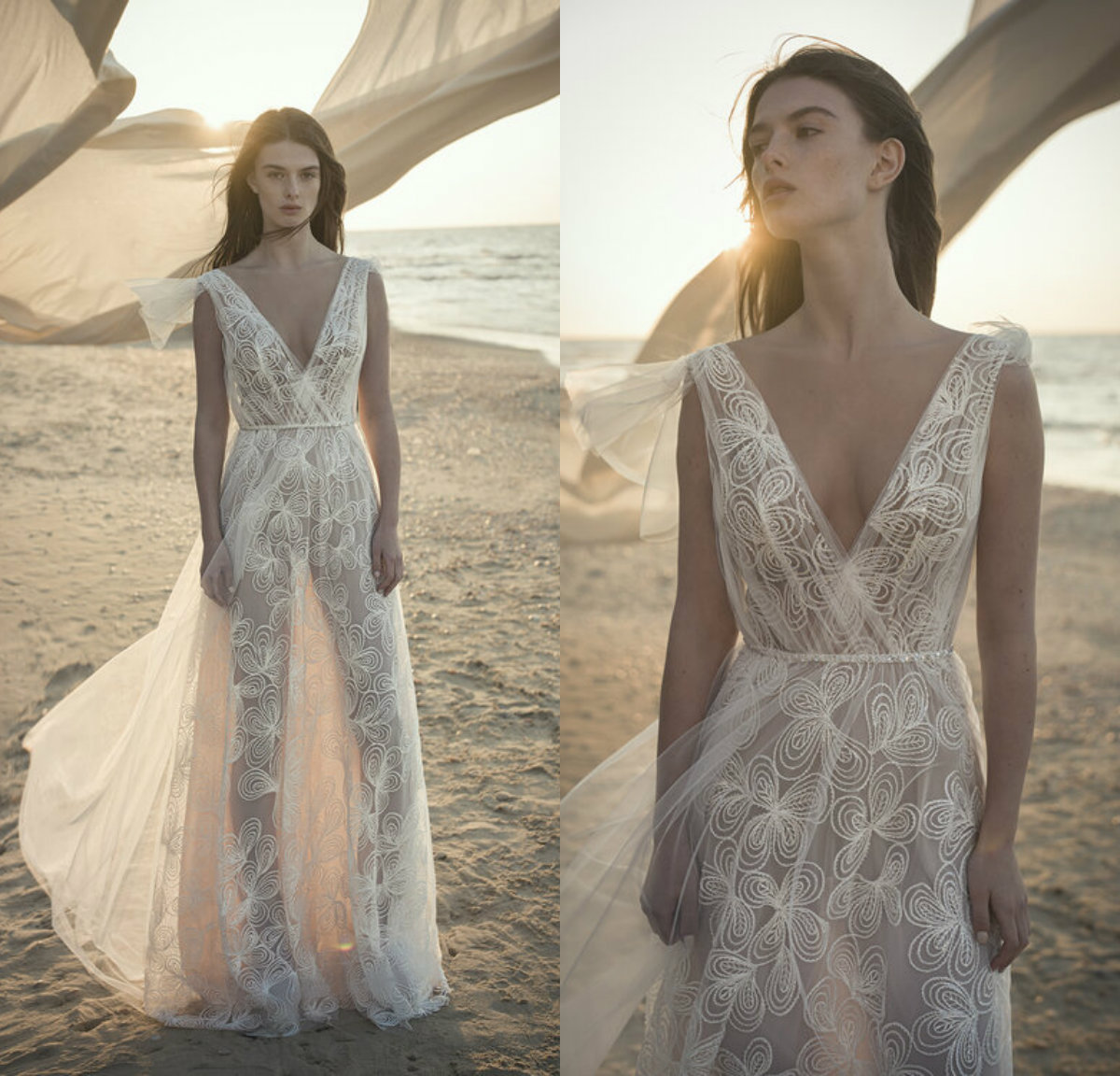Alon Livne Wedding Dresses Deep V Neck Floor Length Lace Appliqued Beach Wedding Dress Custom Made Robes De Mariée