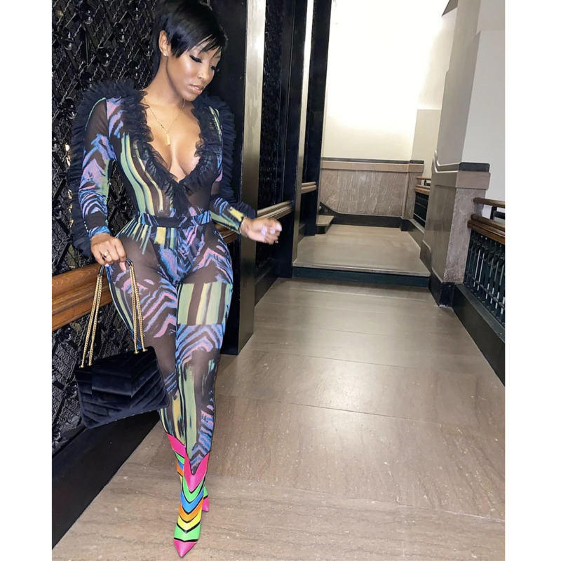 Sexy Mesh Sheer Two Piece Set Women Rave Festival Clothing Long Sleeve Ruffles Bodysuit Pant Matching Sets 2 Piece Club Outfits