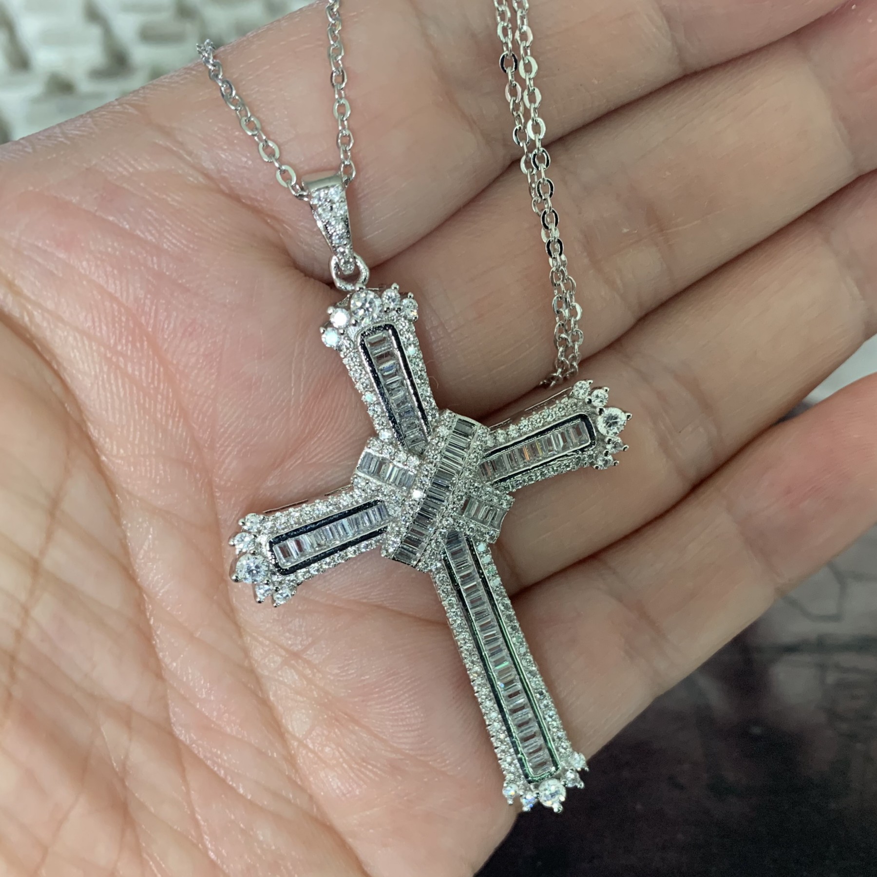 New Style Cross Necklace Hot Sale Drop Shipping Real 925 Sterling Silver Full Princess Cut White Topaz CZ Diamond Women Necklace Gift