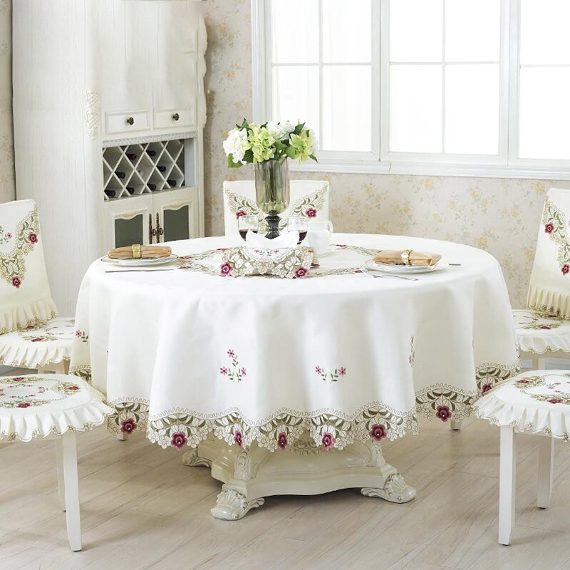 Table Cloth Round Red Floral Flower Embroidered Cover Tablecloth Cutwork Decor