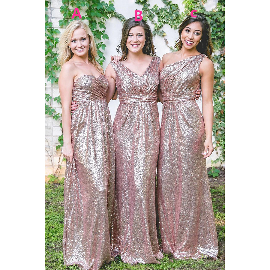 Rose Gold Sequins Bridesmaid Dresses 2018 Newest Sweetheart Neck A Line Zipper Back Floor Length Maid Honor Wedding Guest Gown