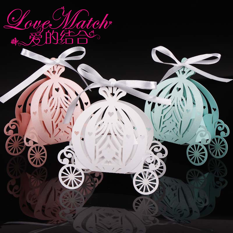 Laser cut pumpkin carriage Wedding Candy favor box pearl color paper candy box baby shower birthday gift 50pcs