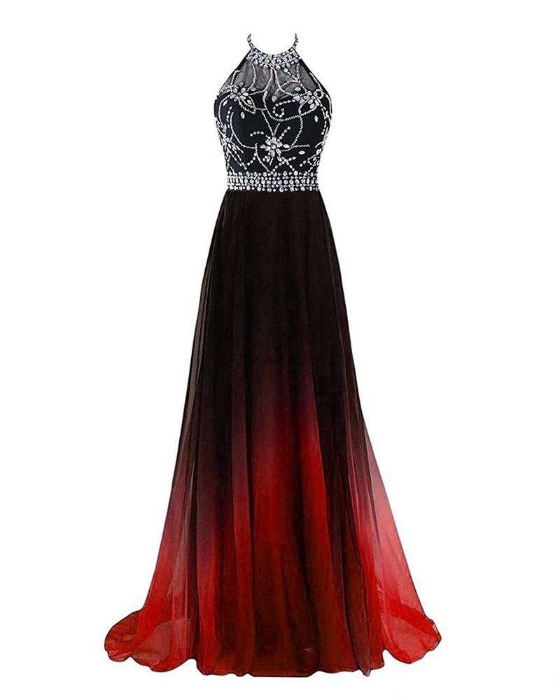Sexy Halter Gradient Prom Dresses With Long Chiffon Plus Size Ombre Evening Party Gowns Beaded Formal Party Wear Gown Lace-up Back