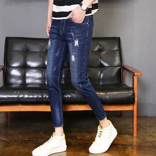 AudWhale Summer Ripped Slim Men's Jeans Mid Waist Casual Pencil Jeans Pants For Men Ankle Length Stretch Male