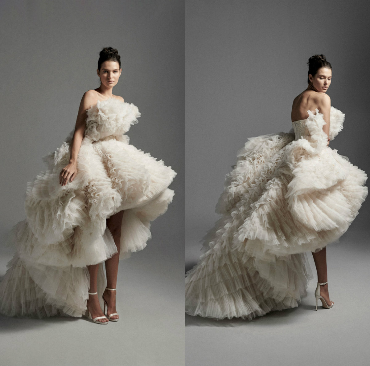 Krikor Jabotian High Low Wedding Dresses Tulle Ruffles Tiered Skirts Beach Wedding Dress Custom Made Luxury Church Abiti Da Sposa