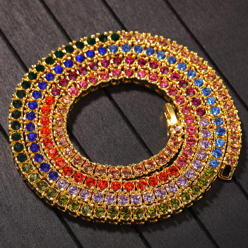Hip Hop Tennis Chains Jewelry Mens Colorful Diamond Stone Chain Necklace Fashion 4mm Silver Gold
