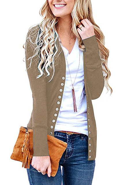 Women's Snap Button Cardigan Ladies Autumn Long Sleeve Black Elegant Open Slim Sweater Knit Coat