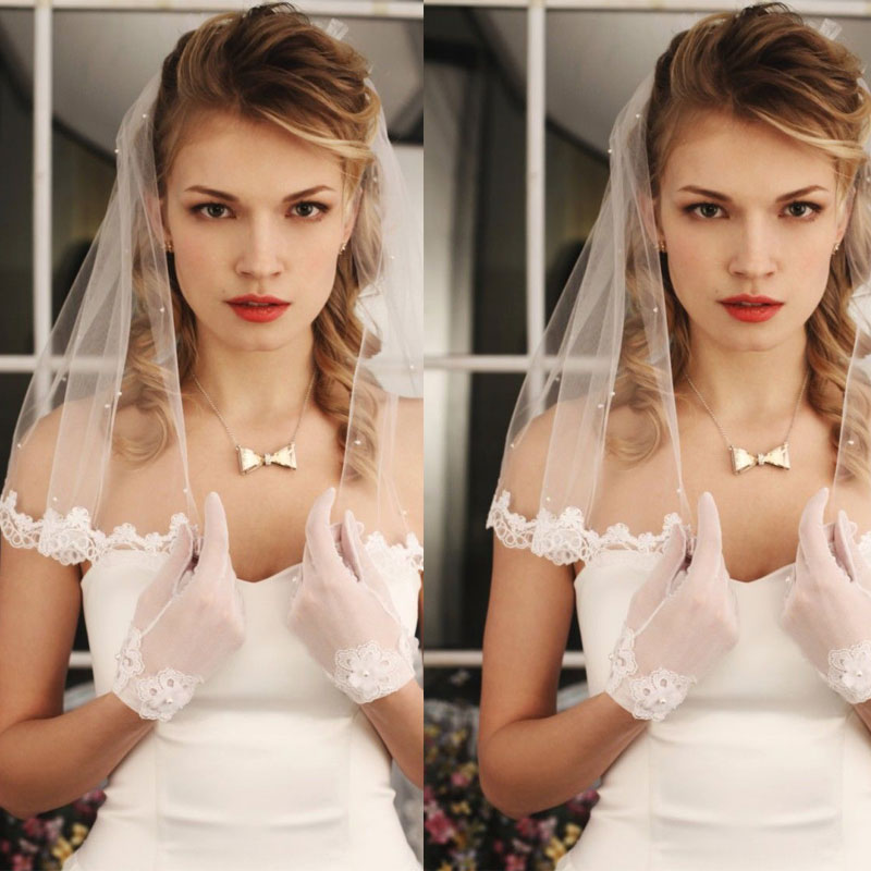 Short Length Wedding Veils 1 Tier Appliques Lace Pearls with Comb Bridal for Girls Luxury Long Chapel Length Bead