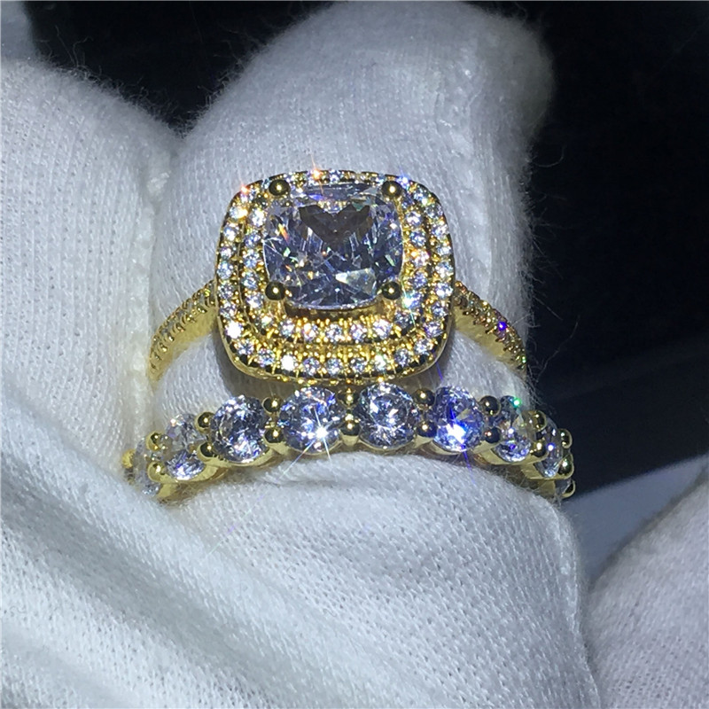 Sparkling Luxury Jewelry 925 Sterling Silver&Gold Fill Cushion Shape White Topaz CZ Diamond Gemstones Couple Rings Women Bridal Ring Set