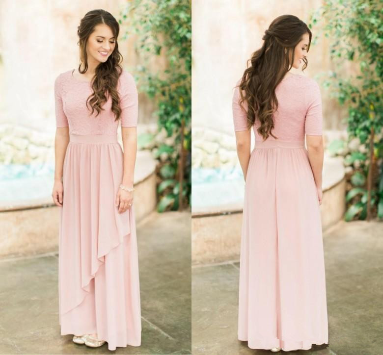 Modest Rose Dusty Long Bridesmaid Dresses With Half Sleeves Lace Chiffon Country Wedding Bridesmaids Dresses Boho Sleeved Custom Made
