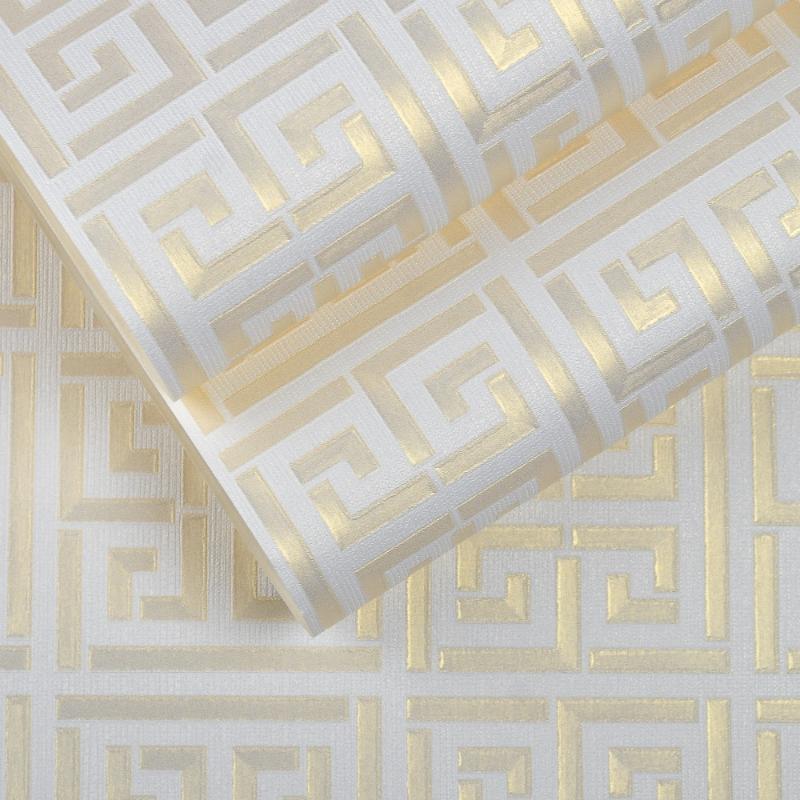 Contemporary Modern Geometric Wallpaper Neutral Greek Key Design PVC Wall Paper for Bedroom 0.53m x 10m Roll Gold on White