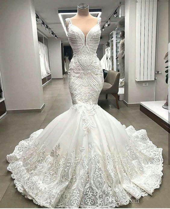 gorgeous mermaid lace wedding dresses spaghetti strap full lace beads wedding dress elegant plus size bridal gowns