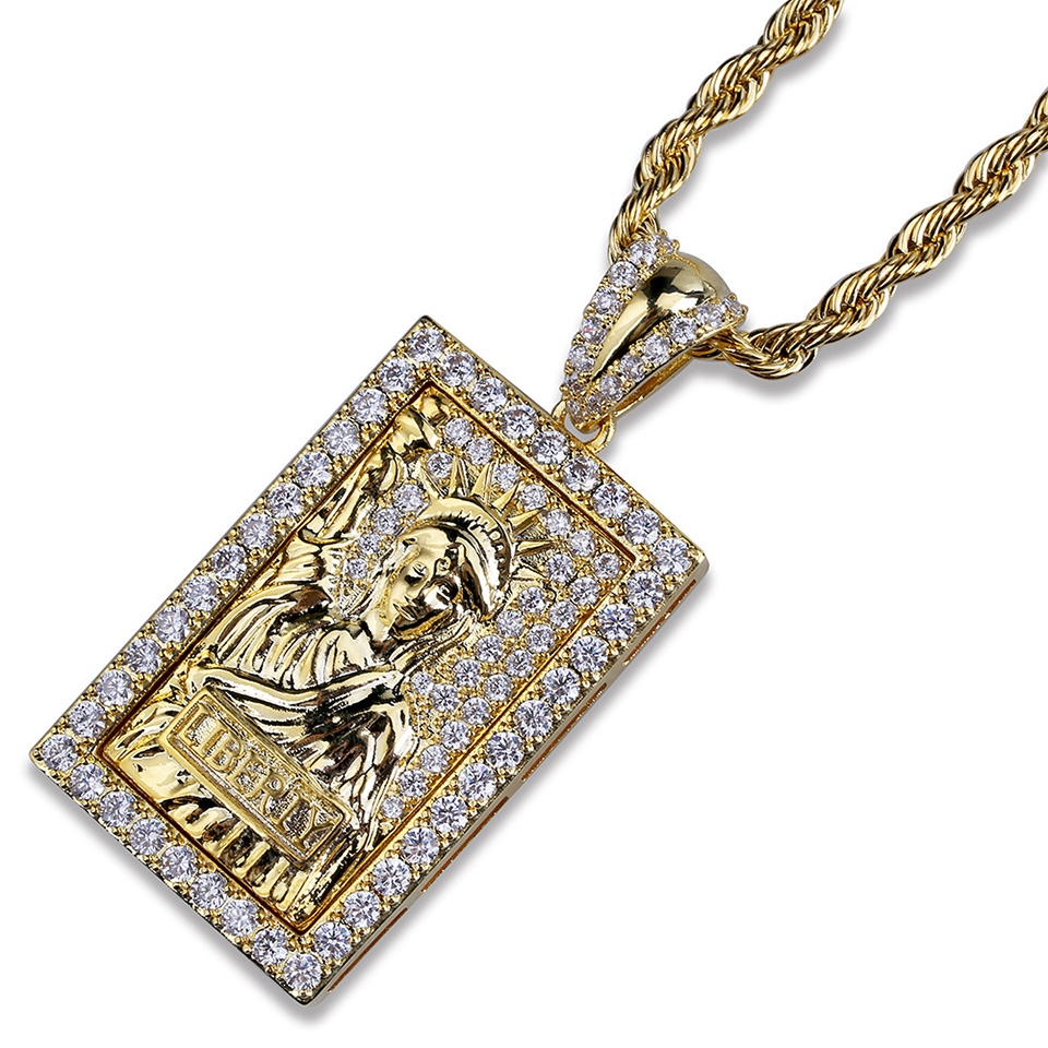 Unisex Gold Plated CZ Cublic Zirconia Gold Bullion Statue of Liberity Rectangle Pendant Necklace Twist Chain Lots Style Hiphop Jewelry Gifts