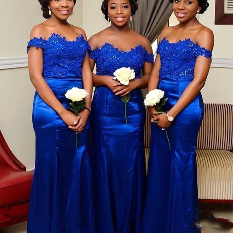 Royal Blue Off Shoulder Satin Mermaid Bridesmaid Dresses Long Lace Applique Beaded Maid of Honor Gowns Wedding Party Dress Plus Size Custom