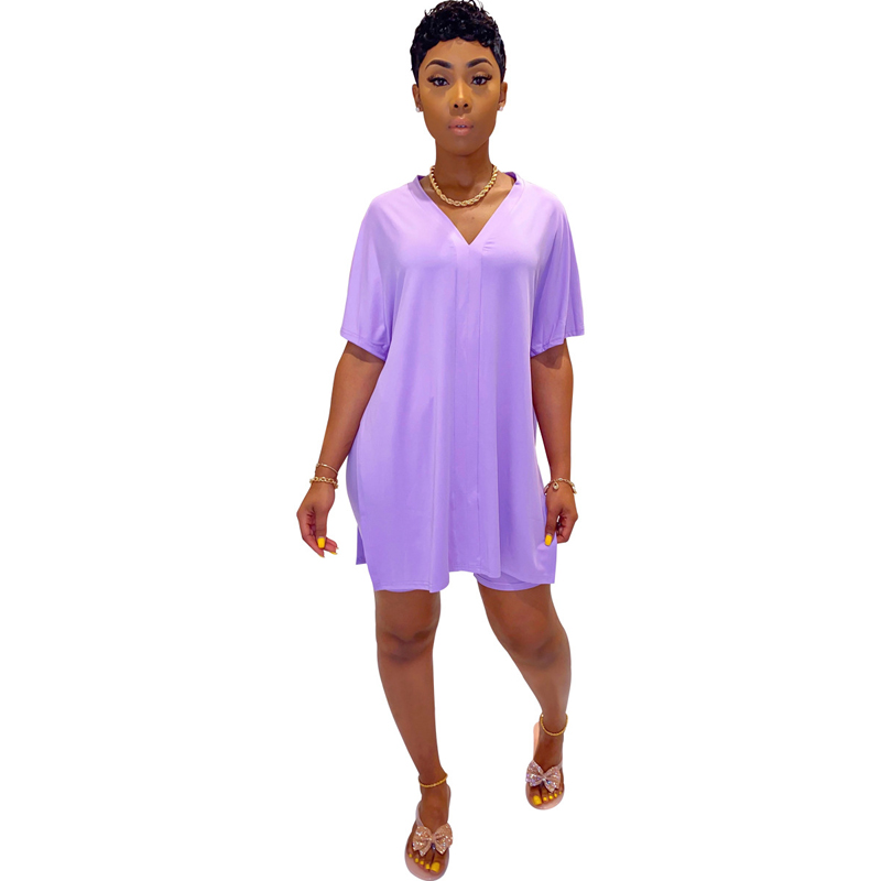 Women's Summer Fashion Casual Solid V Neck Batwing Short Sleeve Loose Top and Shorts Two Piece Set