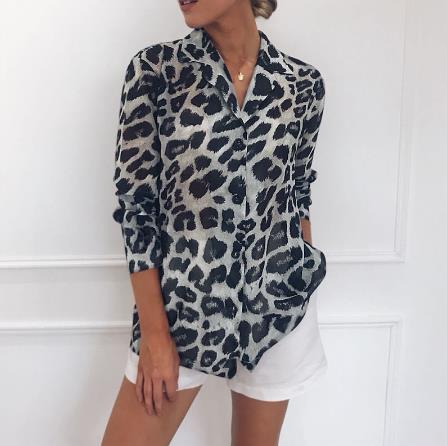 Chiffon Long Sleeve Sexy Leopard Print Blouse Turn Down Collar Lady Office Shirt Tunic Casual Loose Tops Plus Size Blusas B4
