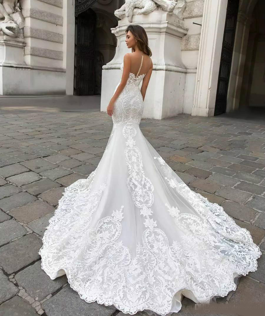 2020 Gorgeous Mermaid Lace Wedding Dresses With Cape Sheer Plunging Neck Bohemian Wedding Gown Appliqued Plus Size