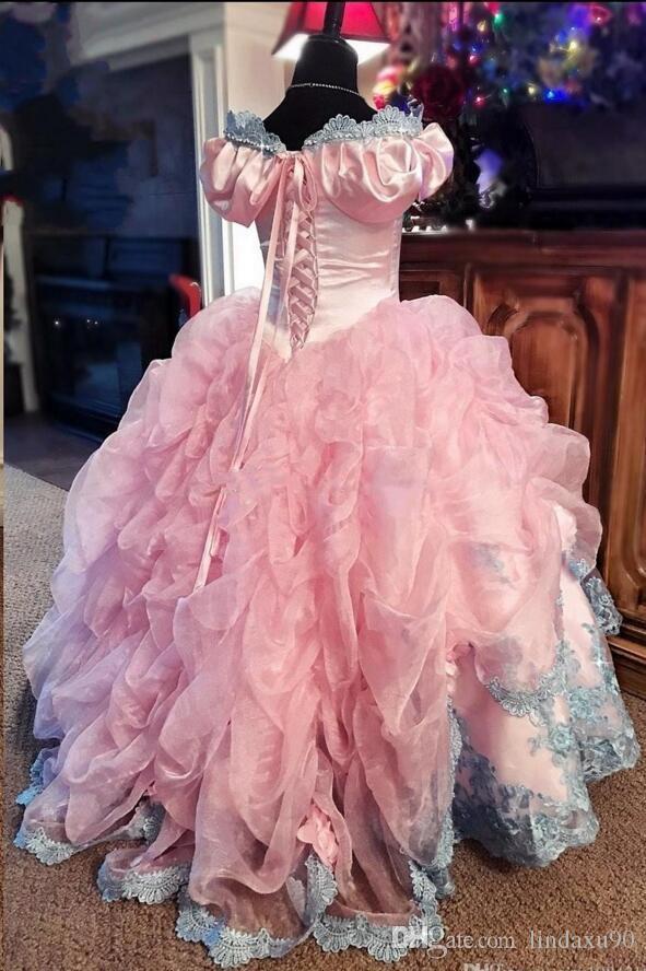 Pink Flower Girls Dresses Off Shoulder Short Sleeve Ball Gown Ruffles Baby Girl Birthday Party Pageant Dresses Girl's Pageant Gowns