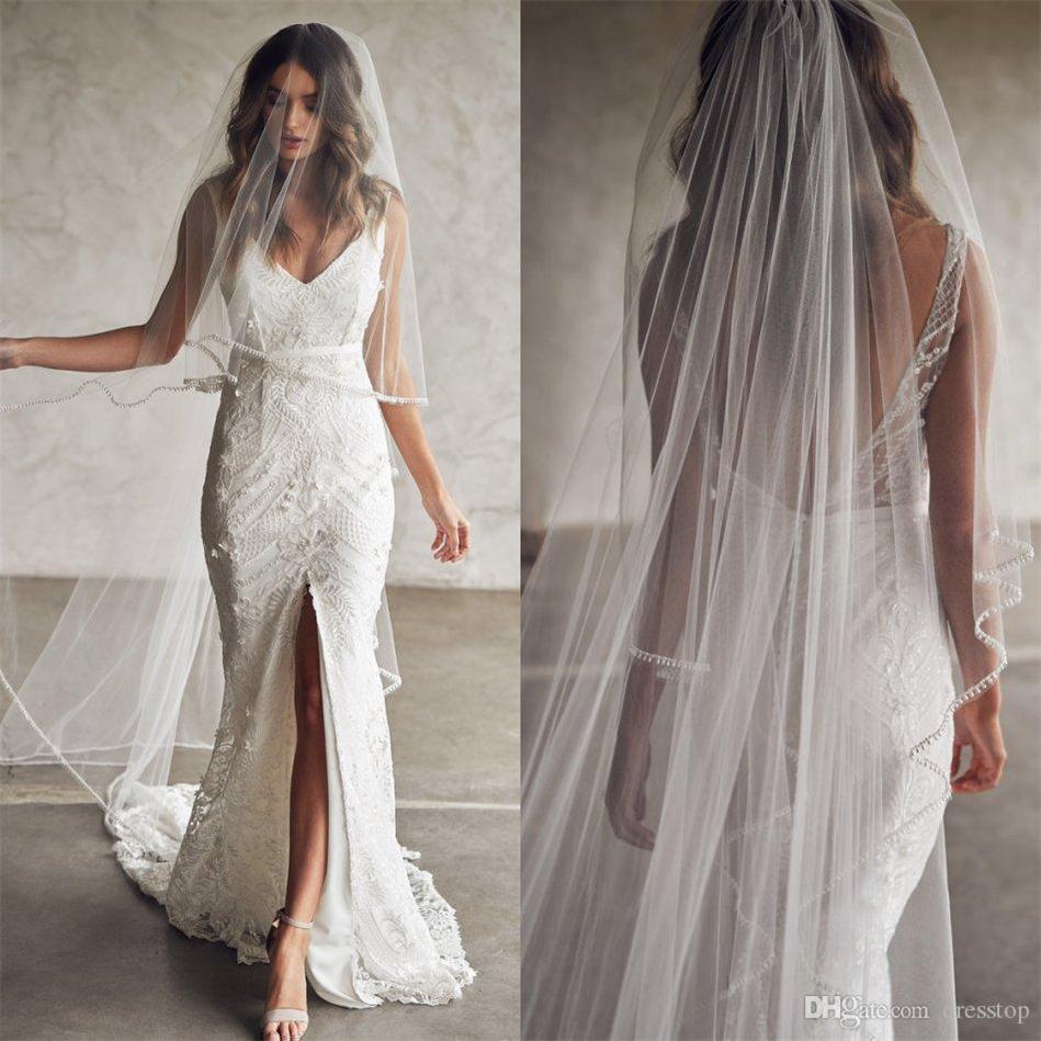 Latest Bohemian Mermaid Dresses Lace Appliques Beading Front Split Bridal Gowns Backless Beach Wedding Dress with Matching Veil