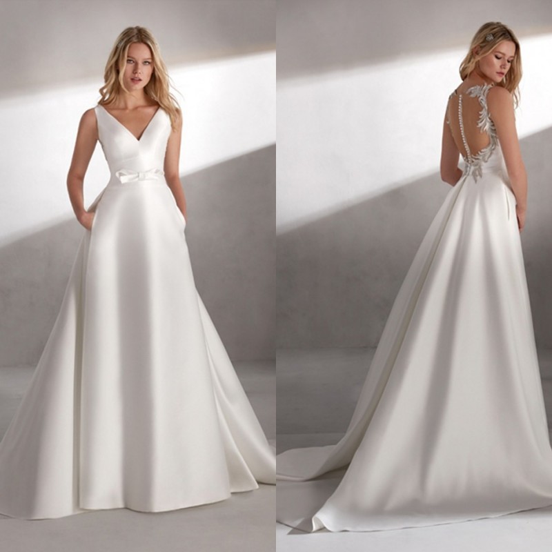 elegant satin wedding dresses v neck lace appliqued bohemian beach bridal gowns boho a line wedding dress with pockets