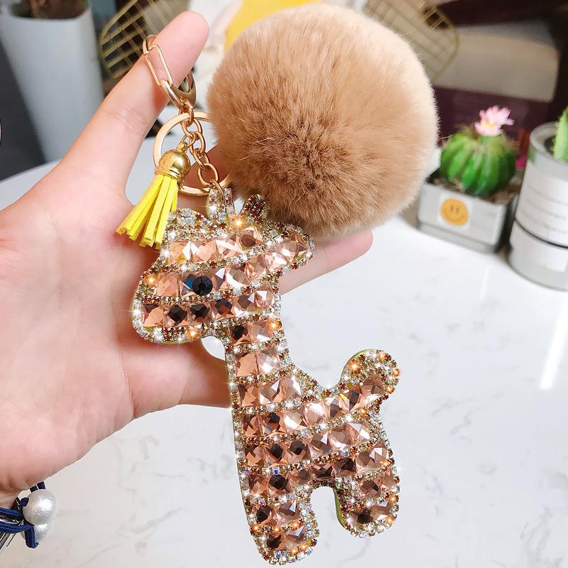 Cute Rhinestones Giraffe Keychain Doll Animal Key Ring Car Bag Pendant Rabbit Fur Pom Pom Key Chains Gift Trinkets Porte Clef