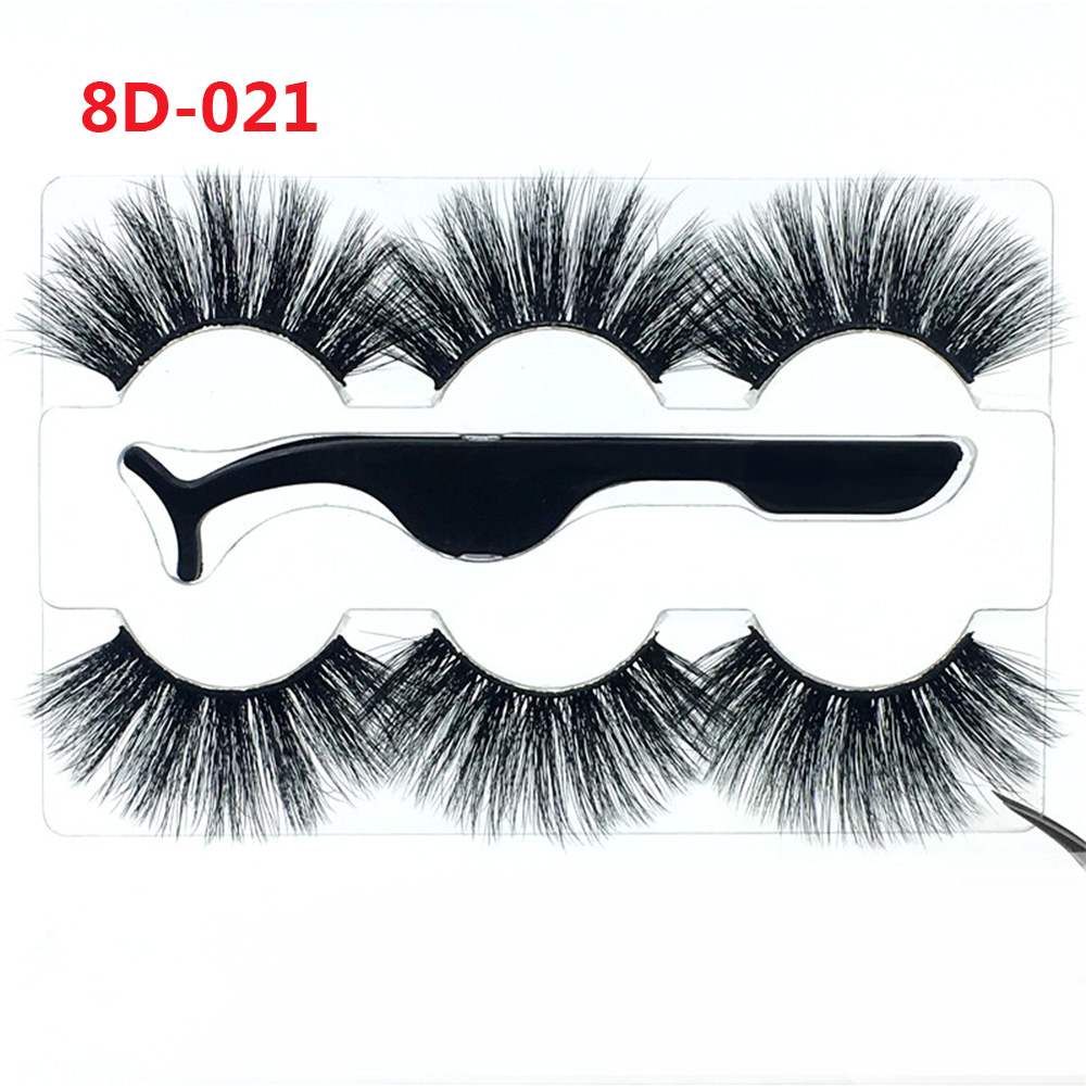 3 Pairs 25mm Mink False Eyelashes 8D Thick Dramatic Long Fluffy Eyelash Makeup Extension Handmade Lashes with a Tweezer