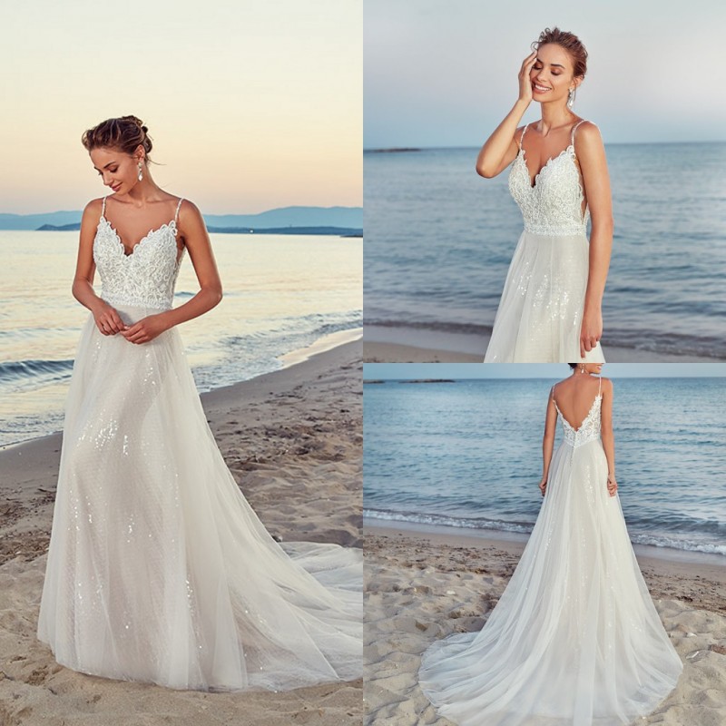 Eddy k 2019 Wedding Dresses Spaghetti Backless Lace Bridal Gowns vestido de novia Sweep Train A Line Wedding Dress Cheap