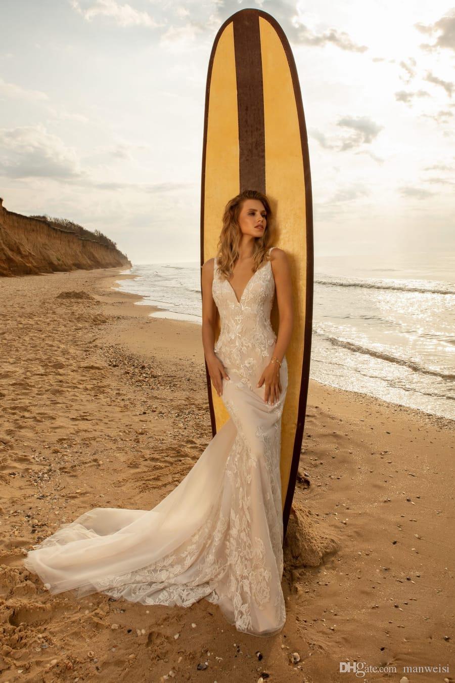 mermaid beach wedding dresses v neck lace appliqued backless bridal gowns sweep train boho country wedding dress robe de marie
