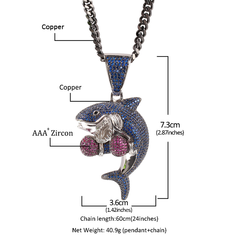 Hot Fashion Hip Hop Necklaces High Quality Yellow White Gold Plated CZ Boxing Shark Pendant Necklaces for Men Women Hot Gift