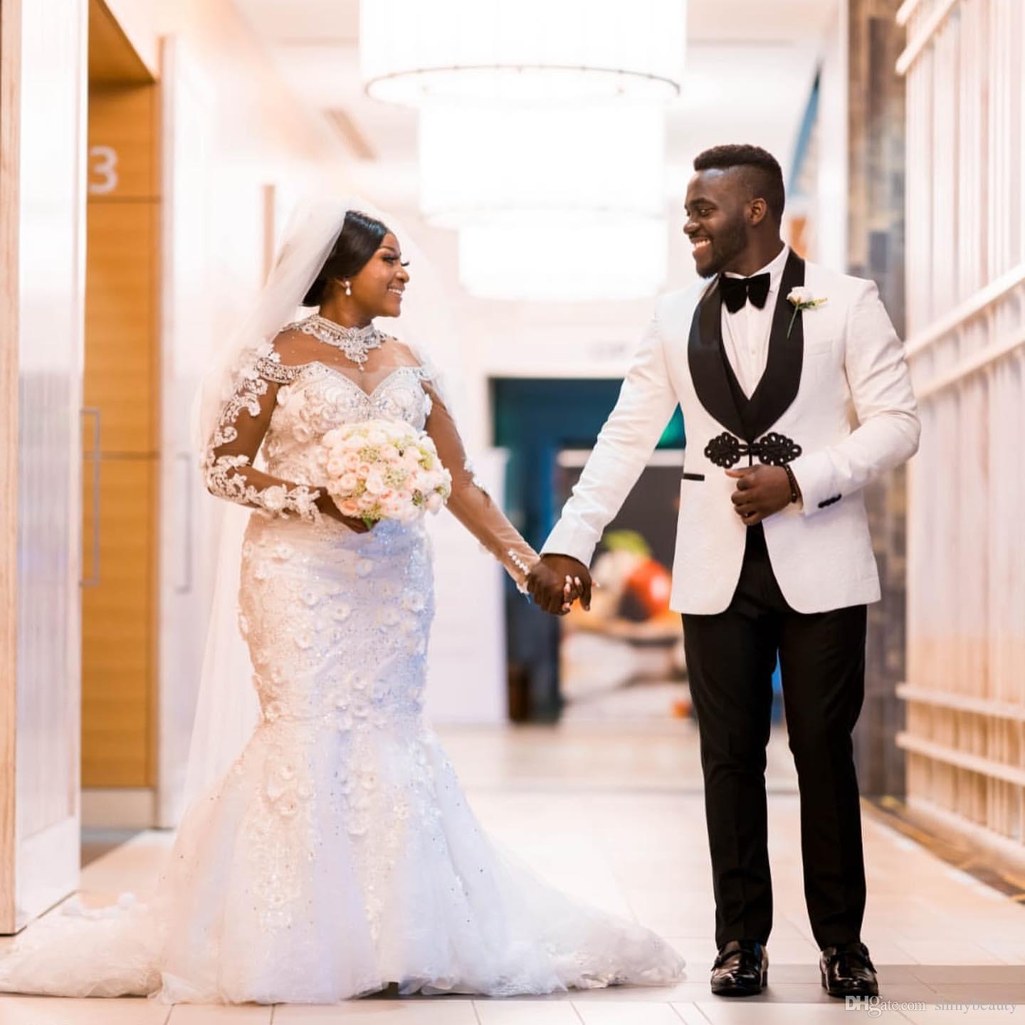 Aso Ebi Arabic Plus Size Urious Mermaid Dresses Lace Beaded Crystals Sheer Neck Wedding Dress Bridal Gowns Vestidos De Noiva