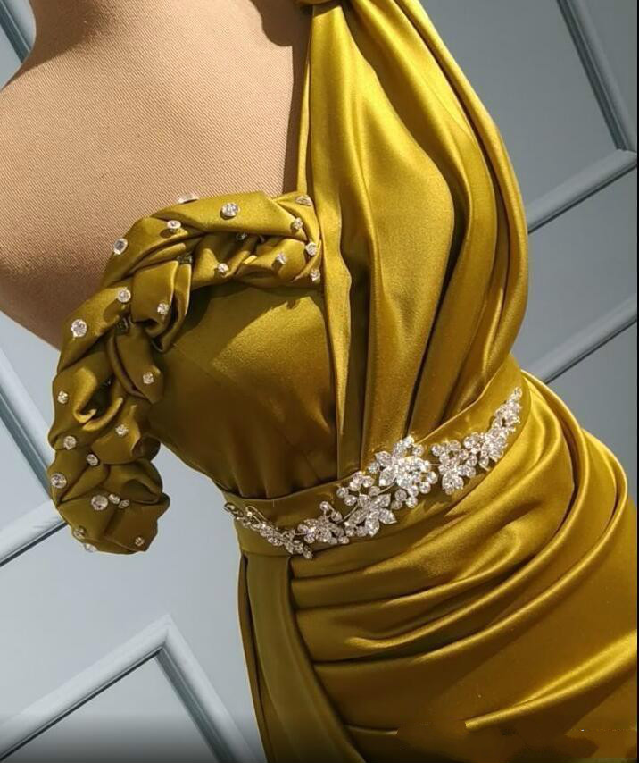 Arabic Gold Sexy Mermaid Prom Dresses One Shoulder Crystals Evening Dress 2020 High Split Formal Party Second Reception Gowns