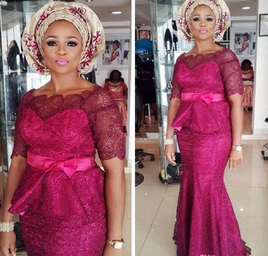 Sudi Arabic Fuia Lace Mother of Bride Dresses Peplum Satin Sash Bow Scalloped Bateau Necke Plus Size Mermaid Formal Evening Gowns