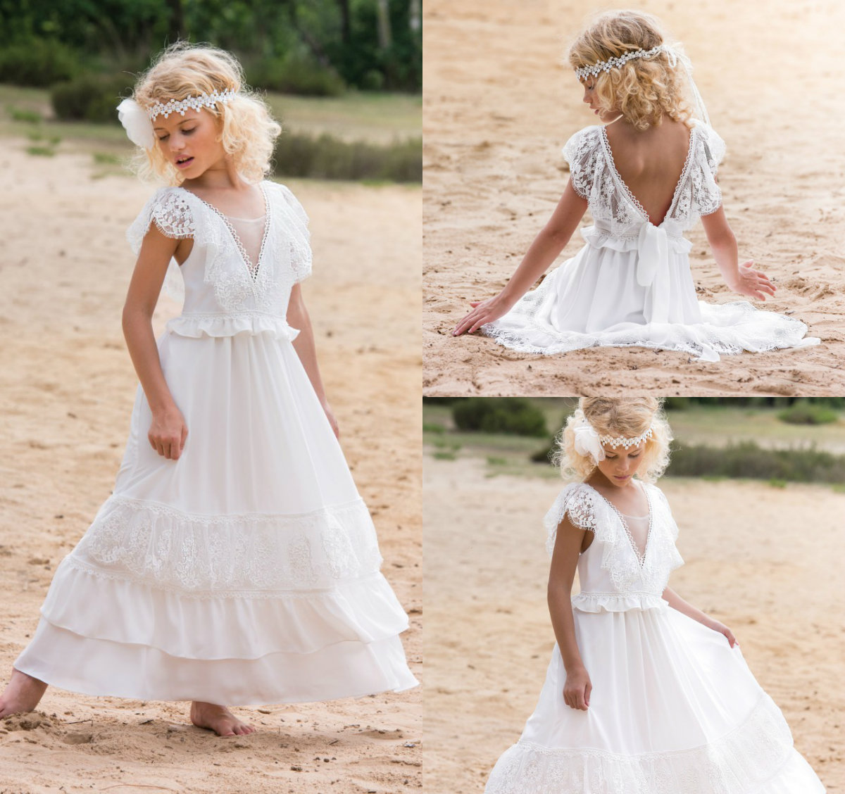 Chic Flower Girl Dresses For Wedding Cap Sleeves Lace Appliqued A Line Floor Length Bohemian Girls Dress Kids Formal Gowns