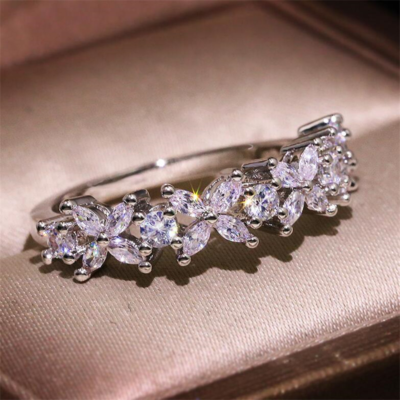 US Size 6-10 Handmade Luxury Jewelry 925 Sterling Silver Marquise Cut White Topaz Gemstones Women Wedding Flower Band Ring For Lovers' Gift