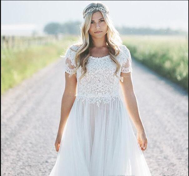 2019 Modest Beach Boho lace Wedding Dresses Short Sleeves Plus Size Bridal Gowns ruched tulle Bohemia Wedding Gowns vestido de novia