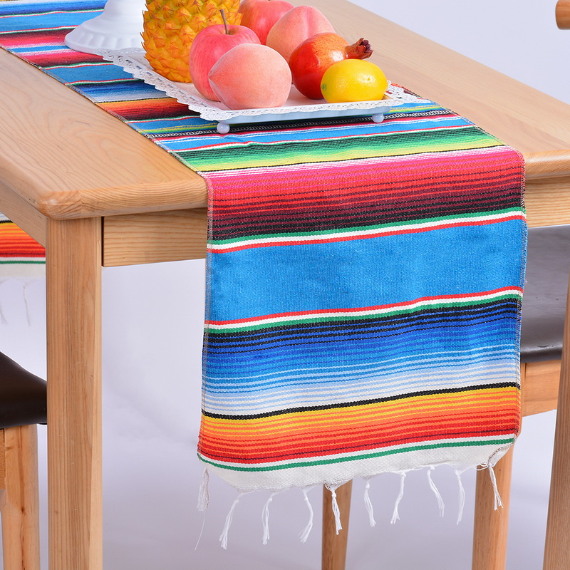 14x84 Inch Mexican Serape Table Runner Cloth Cover Fringe Cotton