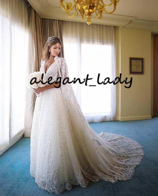 Vestido De Noiva Lace Beaded Wedding Dresses with Cape Shawls Robes 2020 Arabic Aso Ebi Sexy V-neck Castle Church Bride Wedding Gowns