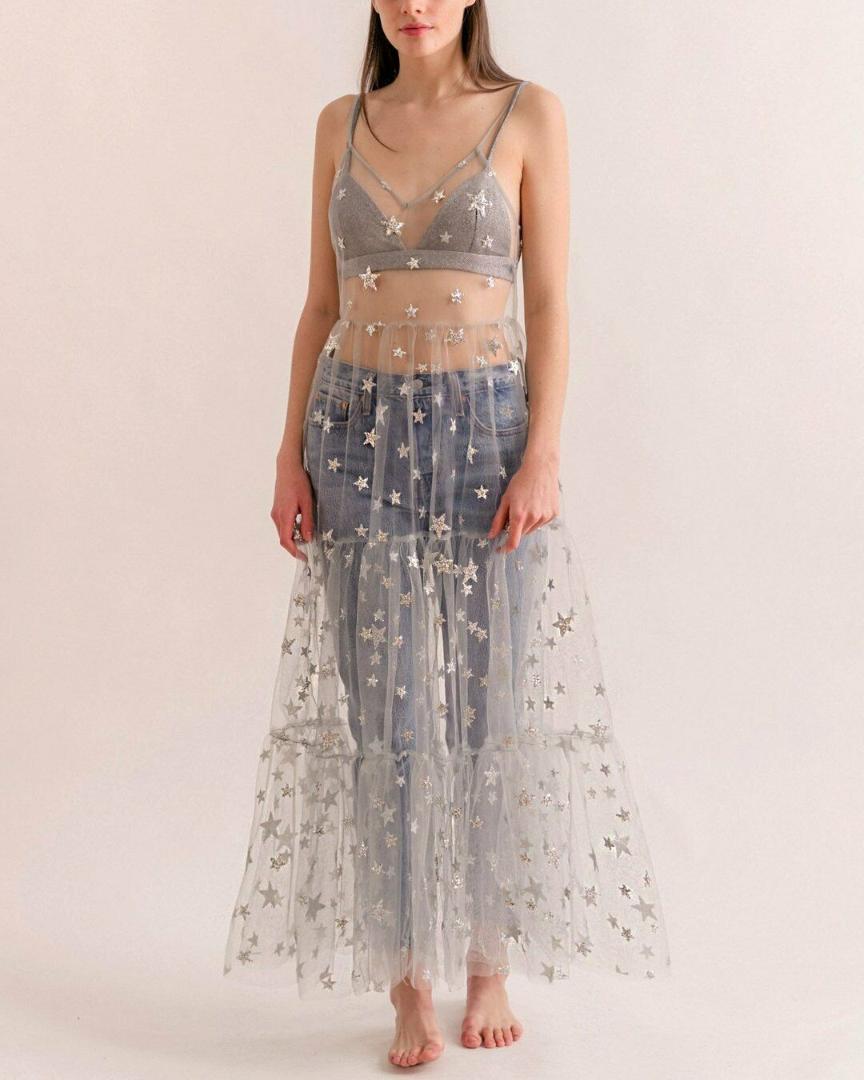 2019 Women Spaghetti Straps Tulle Sexy Cover Up Long Dresses Mesh Sheer Bling Bling Star Hot Stamping See Through Pleated Dress, Black
2019 Women Spaghetti Straps Tulle Sexy Cover Up Long Dresses Mesh Sheer Bling Bling Star Hot Stamping See Through Pleated Dress, Black