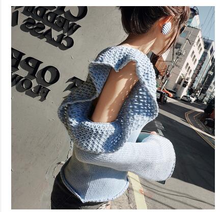New design womens spring o-neck long sleeve ruffles patchwork off shoulder hollow out gray blue color knitted sweater top jumpers