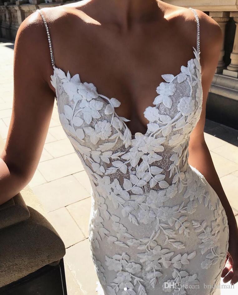 Berta Beaded Spaghetti Strap Lace Wedding Dresses 2019 Gorgeous 3D Floral Appliques Boho Bridal Gowns Backless Trumpet Wedding Dress