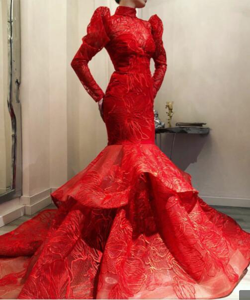 Red Evening Dresses High Neck Tulle Tiered Skirts Floor Length Long Sleeve Prom Dress Custom Made Formal Party Gowns
