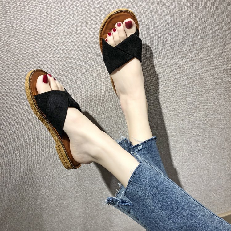 Hot Sale-New Style Summer Woman Slippers Beach Flock Fashion Low Heels Sandals Shoes Round Toe Ladies Elegant Womens Slipper