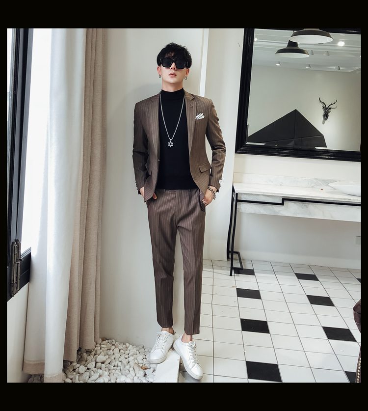 Young Fashion Men Wedding Tuxedos Stripe Slim Fit Pants Suits Two Pieces (Jacket+Pants) Peaked Lapel Custom Made Blazer