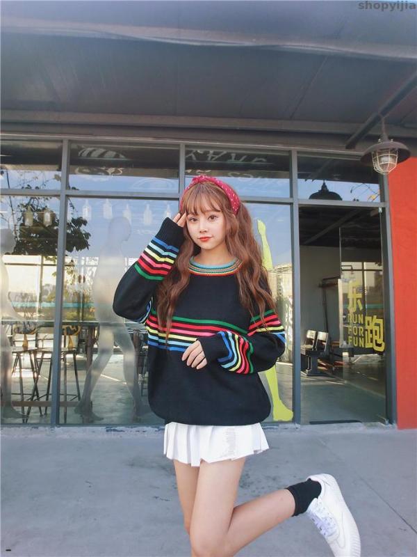 New Korean kawaii knitted sweet rainbow striped loose long-sleeved sweater women pullover and pullover cute, Black
New Korean kawaii knitted sweet rainbow striped loose long-sleeved sweater women pullover and pullover cute, Black
