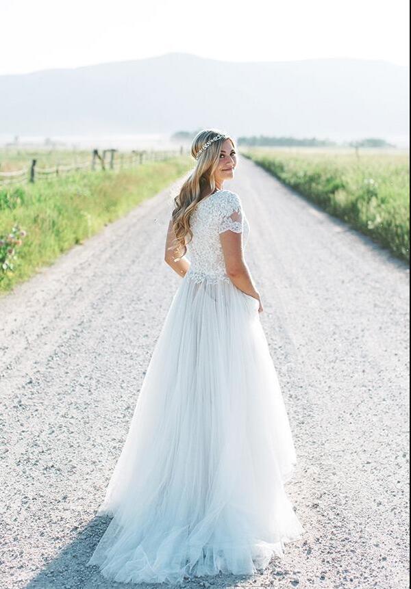 2019 Modest Beach Boho lace Wedding Dresses Short Sleeves Plus Size Bridal Gowns ruched tulle Bohemia Wedding Gowns vestido de novia