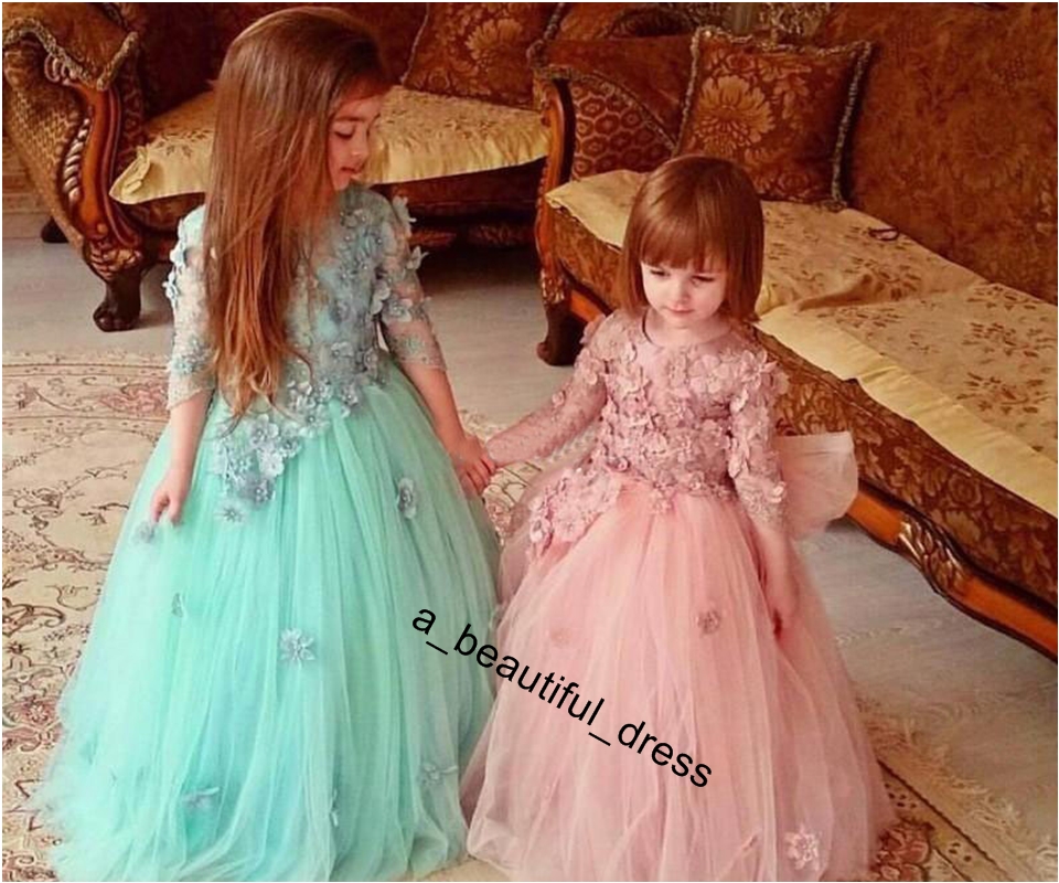 Long Sleeve Flower Girl Dresses For Weddings 3D Floral Appliqued Beads Little Baby Ball Gowns Puffy Skirts Communion Pageant Dress FG1290