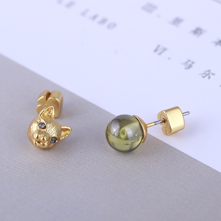Fashion- cat head desigh and 06.cm asymmetric bead stud earring with nature green stone for women wedding jewelry gift free shippin