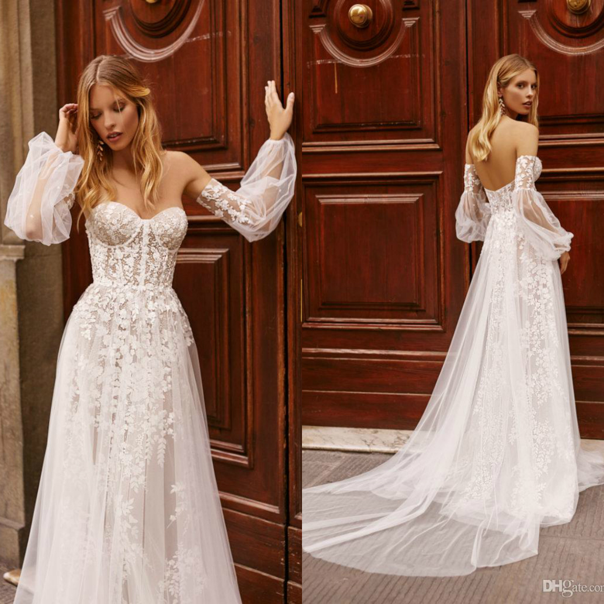Detachable Long Sleeve 2020 Wedding Dresses Lace Appliqued Beach Boho Sweetheart Neck Tulle A Line Beads Bridal Gowns Vestido De Novia