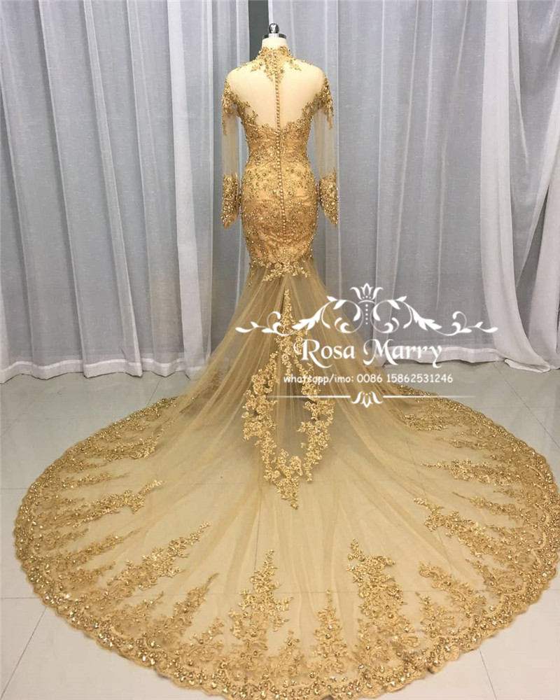 Sexy Gold Lace Mermaid Prom Dresses 2020 High Neck Long Sleeves Sequined Beaded Plus Size African Arabic Girls Pageant Formal Evening Gowns